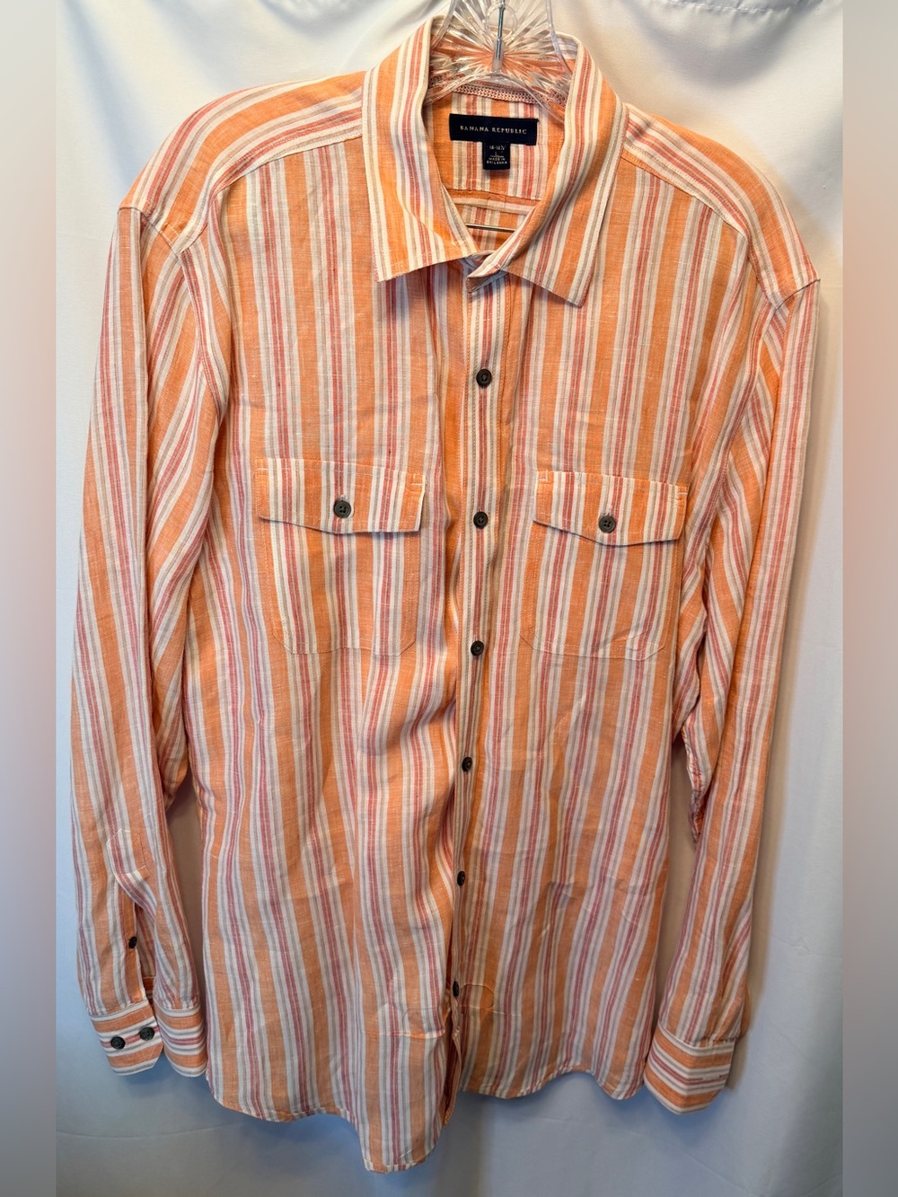 Banana Republic 100% Linen Flax Men's Size Large 16-16.5 Orange White Stripe